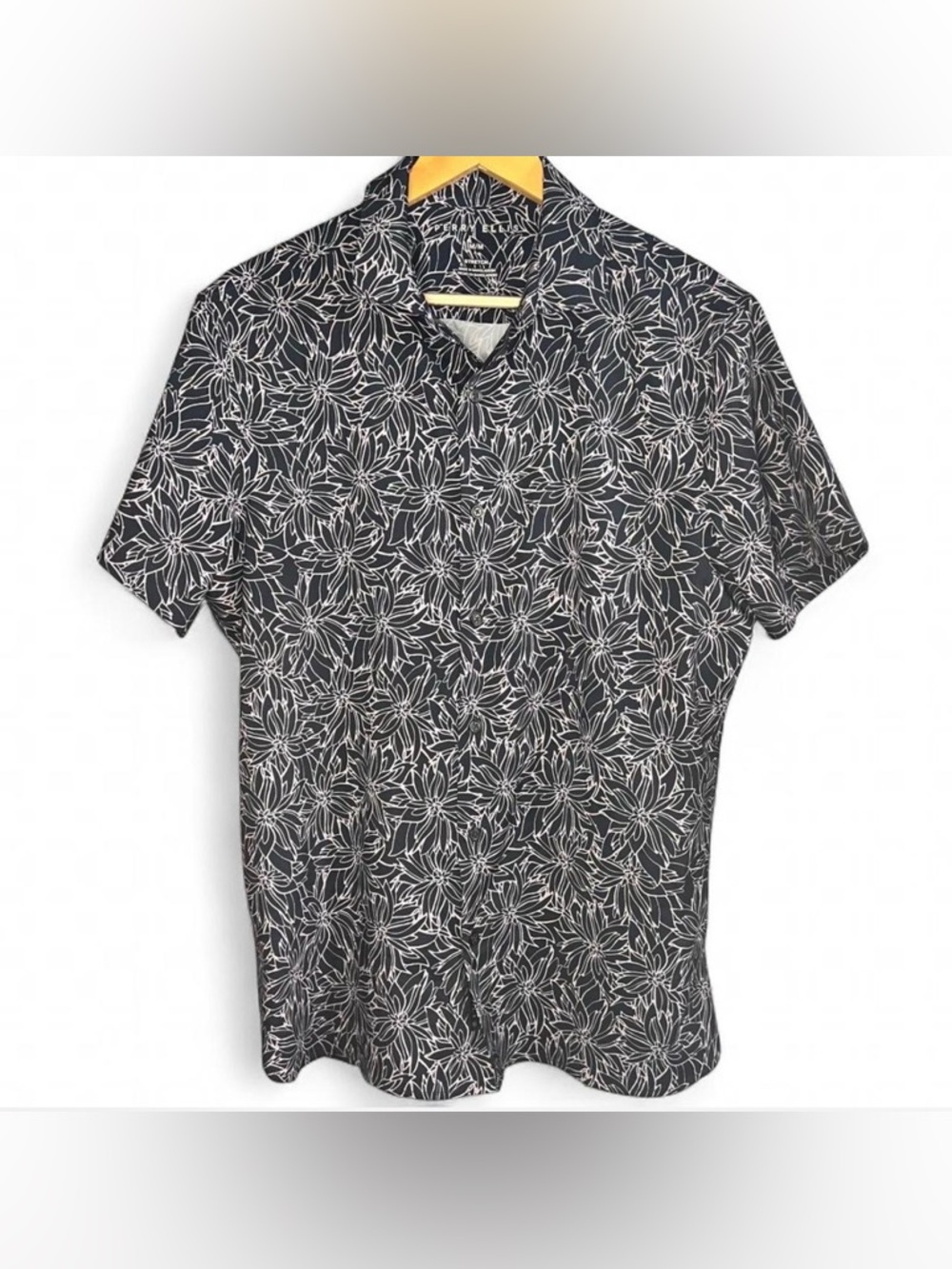 Perry Ellis Black Short-Sleeve Button-Down Shirt Floral Print Resort Wear